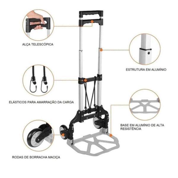 Imagem de Carrinho de Alumínio Dobrável Carga 80Kg Resistente Compacto