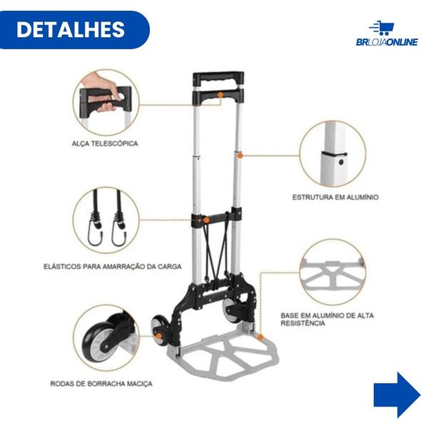 Imagem de Carrinho de Alumínio Dobrável Portátil para Carga 80Kg Globalmix 