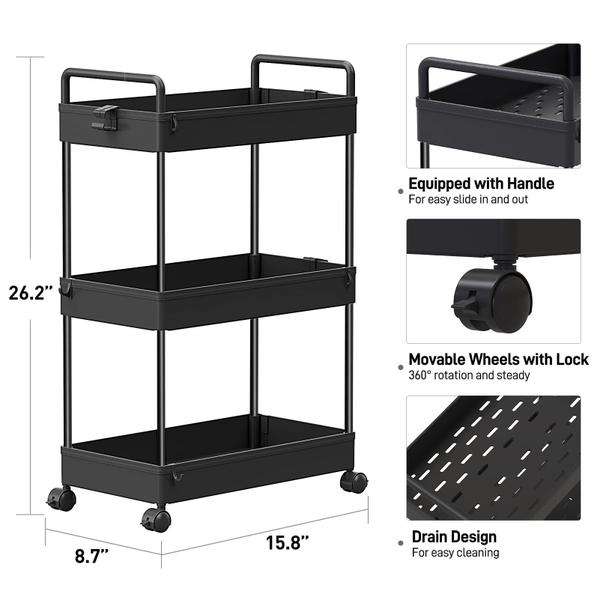 Imagem de Carrinho de armazenamento rolante SOLEJAZZ 3 Tier Utility Black