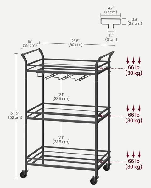 Imagem de Carrinho de bar VASAGLE Home Serving com prateleira de 3 camadas em aço preto