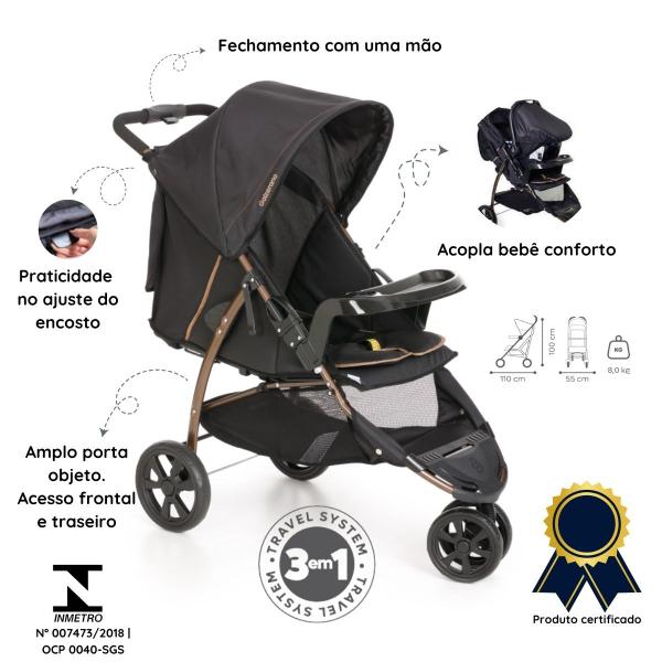 Imagem de Carrinho De Bebê 3 Rodas Cross Trail Preto Cobre Com Bebê Conforto e Base - Galzerano