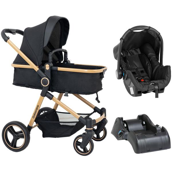 Imagem de Carrinho de Bebê Galzerano Ivy TRIO 3 em 1 Berço Passeio Moisés com Bebê Conforto e Base Carro Travel System Viagem Preto Dourado Gold Fecha Uma Mão