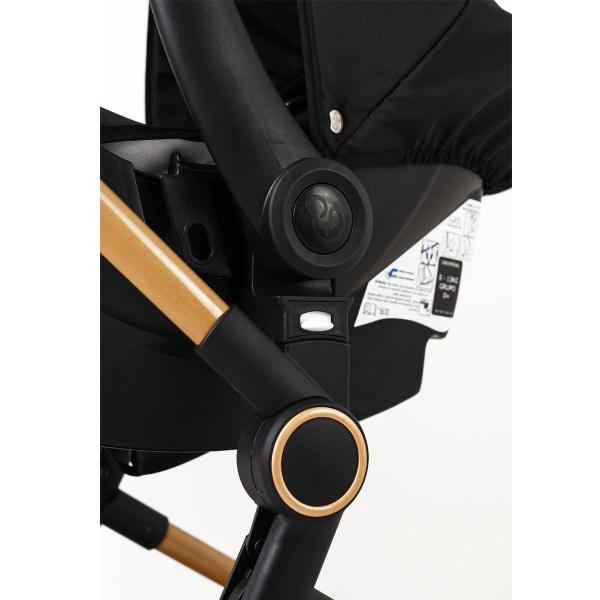 Imagem de Carrinho de Bebê Galzerano Ivy TRIO 3 em 1 Berço Passeio Moisés com Bebê Conforto e Base Carro Travel System Viagem Preto Dourado Gold Fecha Uma Mão