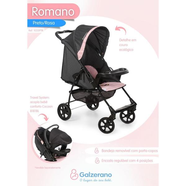 Imagem de Carrinho de Bebê Romano Preto Rosa (0 a 15kg) - Galzerano