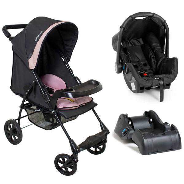 Imagem de Carrinho de Bebê Romano Preto Rosa c/ Bebê Conforto e Base