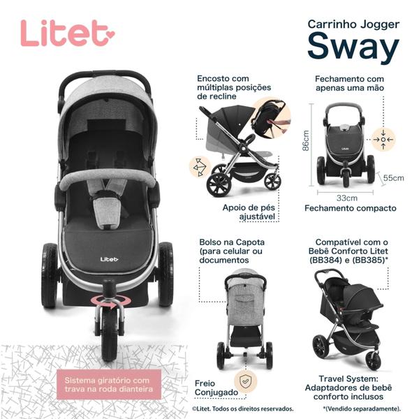 Imagem de Carrinho de Bebê Três Rodas Confortável com Cinto de Segurança Jogger Sway Litet Cinza com Preto - Multikids Baby BB373