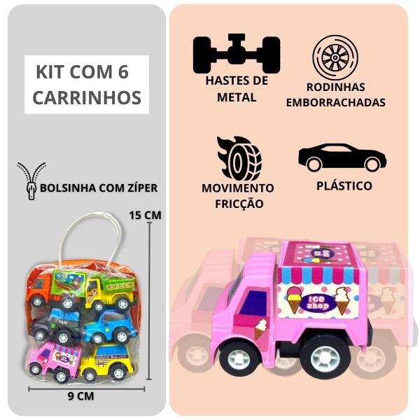 Imagem de Carrinho De Brinquedo Fricção Kit Com 6 Carros + Bolsinha