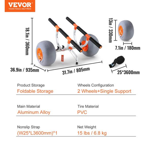 Imagem de Carrinho de caiaque VEVOR Heavy Duty 160 kg de carga com rodas de praia de 13"