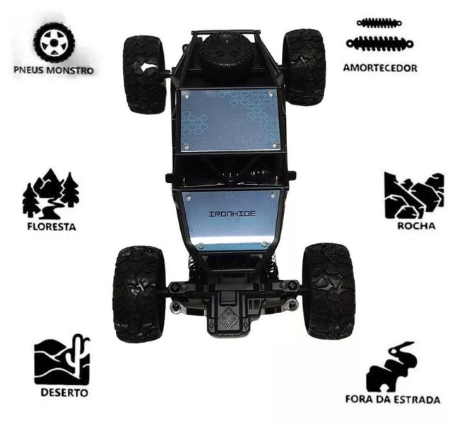 Imagem de Carrinho de Controle Remoto Big Foot Com Suspensão Off-Road Brinquedo Infantil Recarregável Azul Metálico