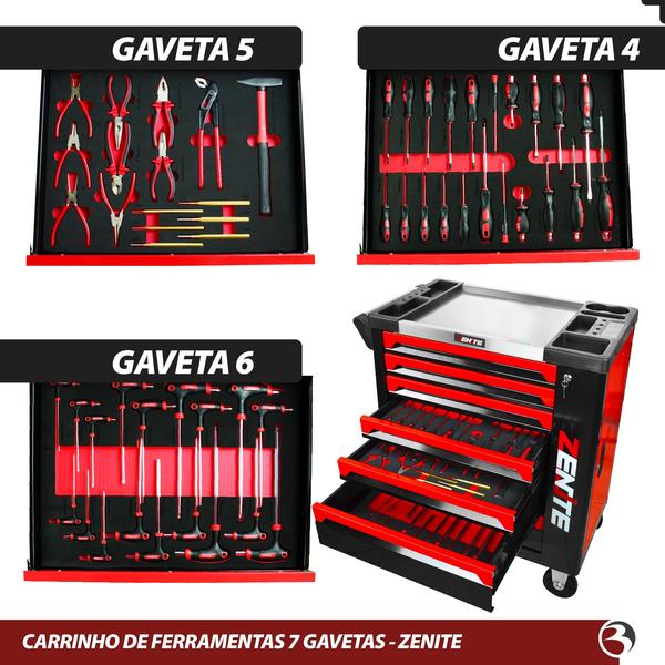 Imagem de Carrinho de ferramentas Completo 7 Gavetas 253 Ferramentas Cromo Vanádio - Zenite