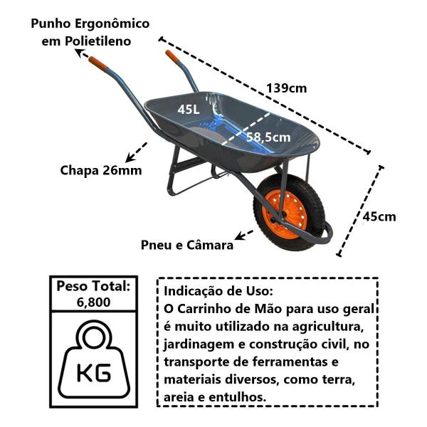 Imagem de Carrinho de Mão em Aço Carbono Pneu e Câmara Chapa 26mm 45L