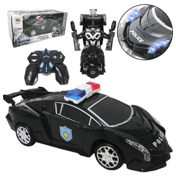 Imagem de Carrinho de Policia Com Controle Remoto Sem Fio Transforma em Robô Com Som e Luzes