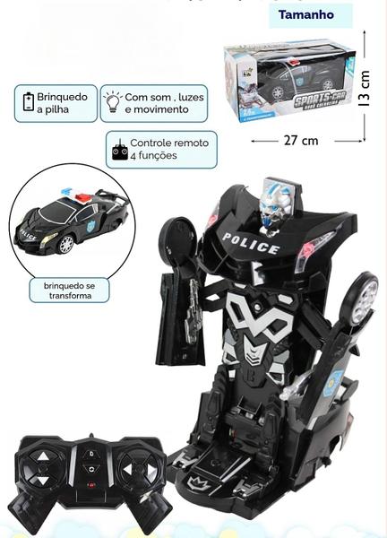 Imagem de Carrinho de Policia Com Controle Remoto Sem Fio Transforma em Robô Com Som e Luzes