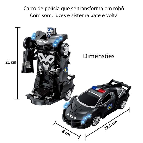 Imagem de Carrinho de Polícia transformes Vira Robô Preto com Luz e Som