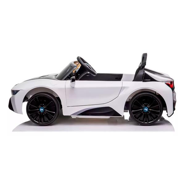 Imagem de Carrinho Elétrico BMW I8 12v Branco Suporta 30kg Controle Remoto Velocidade Max 5km/h Luz Som Banco de Couro