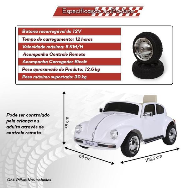 Imagem de Carrinho Elétrico Fusca Beetle 12V Branco Controle Remoto