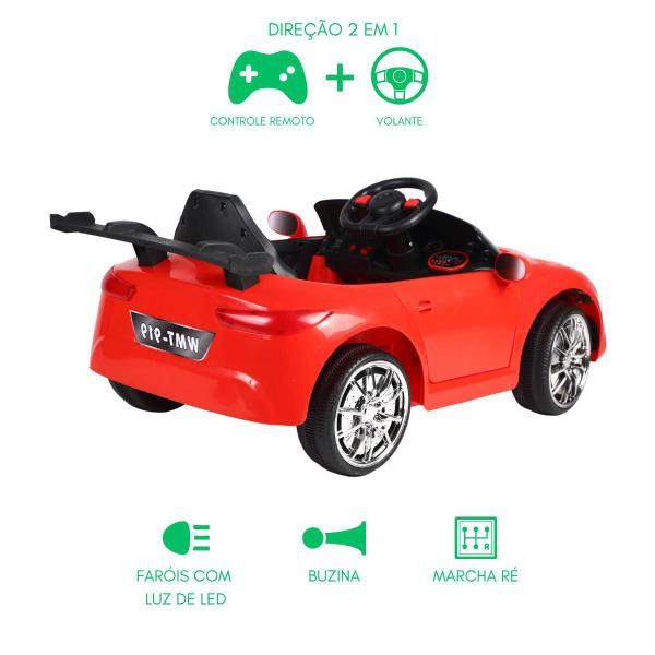 Imagem de Carrinho Elétrico Infantil 12V Vermelho Controle 2em1 Buzina 