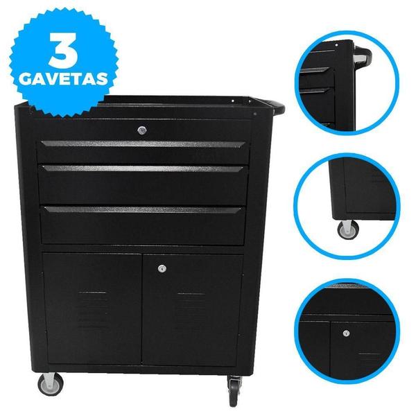 Carrinho Ferramentas Fercar 3 Gavetas Chaveado Preto - C-06 Imagem de Carrinho Ferramentas Fercar 3 Gavetas Chaveado Preto - C-06