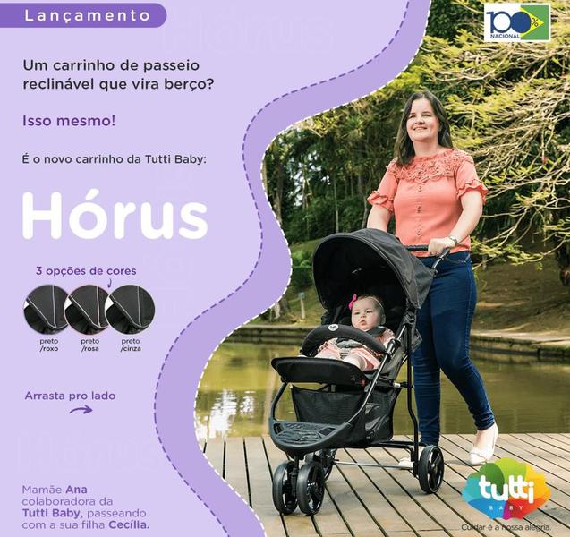 Imagem de Carrinho Horus  3 Rodas Berço Preto e Cinza Passeio Viagem Tutti Baby