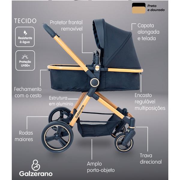 Imagem de Carrinho Moises Ivy Preto e Dourado com Bebe Conforto Cocoon e Base - Galzerano