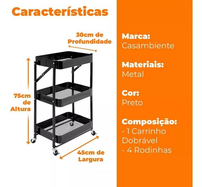 Imagem de Carrinho Multiuso Organizador 3 Prateleiras Dobravel Preta