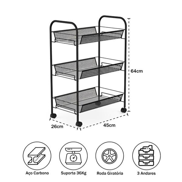Imagem de Carrinho Organizador Com Roda Fruteira 3 Cestas Chão Cozinha