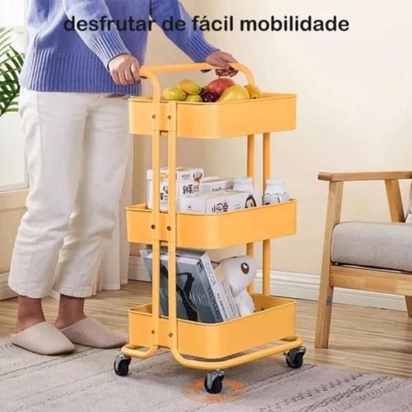 Imagem de Carrinho Organizador Multiuso 3 Prateleiras Fruteira Rodinha Salão Manicure Oficina Cor Amarelo