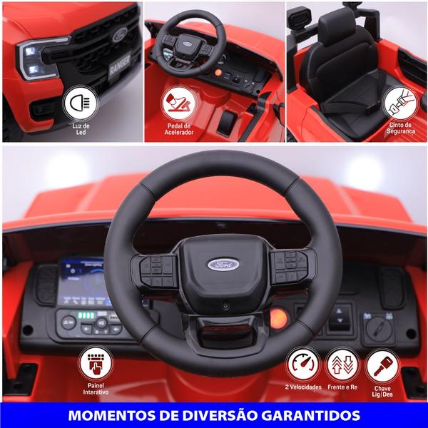 Imagem de Carro Elétrico Infantil Ford Ranger 12v com Controle Remoto Luz de Led e Volante com Sons de Corrida Zippy Toys