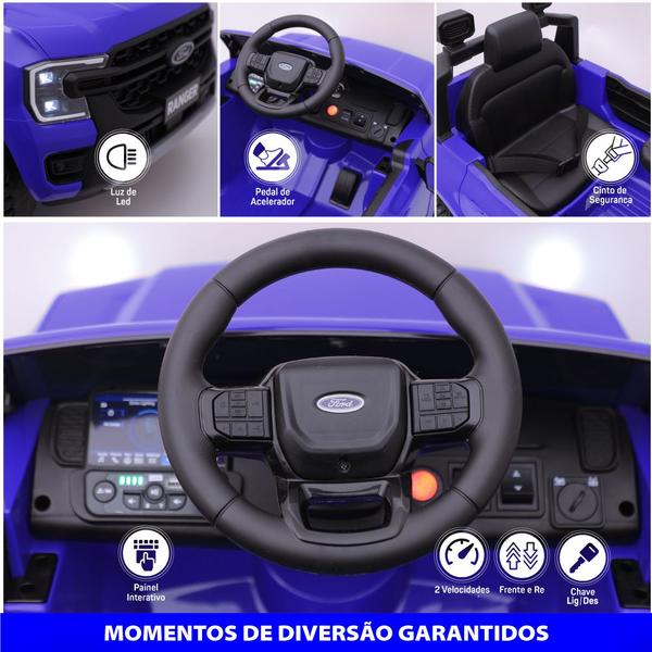 Imagem de Carro Elétrico Infantil Ford Ranger 12v com Controle Remoto Luz de Led e Volante com Sons de Corrida Zippy Toys