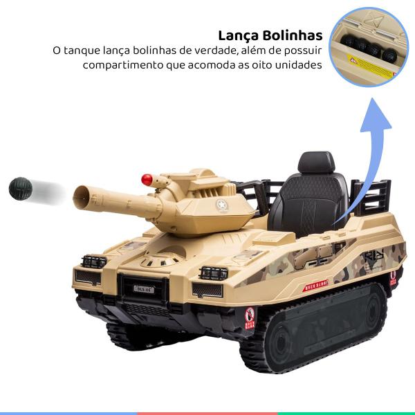 Imagem de Carro Elétrico Infantil Tanque Exército Controle Criança Até 30Kg Lança Munições Luz Som USB 12v