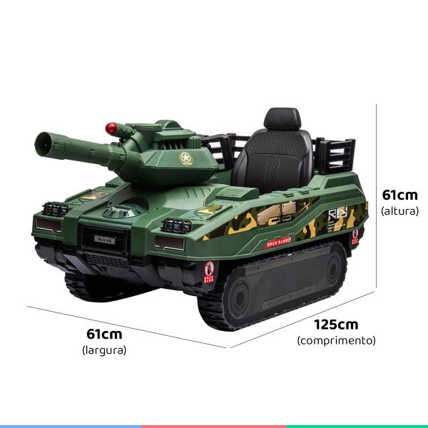 Imagem de Carro Elétrico Infantil Tanque Exército Controle Criança Até 30Kg Lança Munições Luz Som USB 12v
