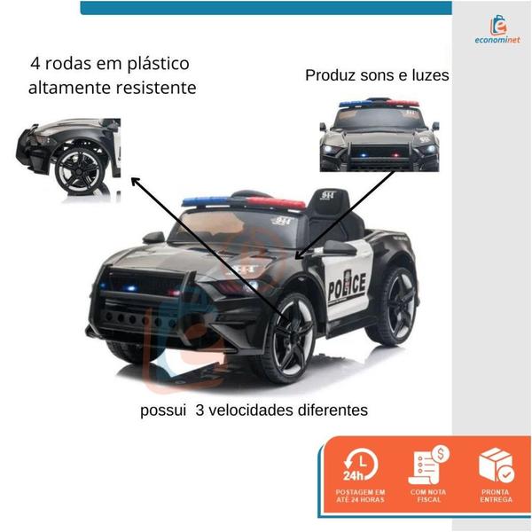 Imagem de Carro Elétrico Policia Motorizado Passeio Automático com Pedal Controle Remoto para Criança 12V MP3 Micro SD Controle de Volume Luzes Dia das Crianças