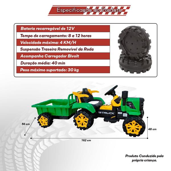 Imagem de Carro Elétrico Trator Infantil Carretinha Motorizado Verde