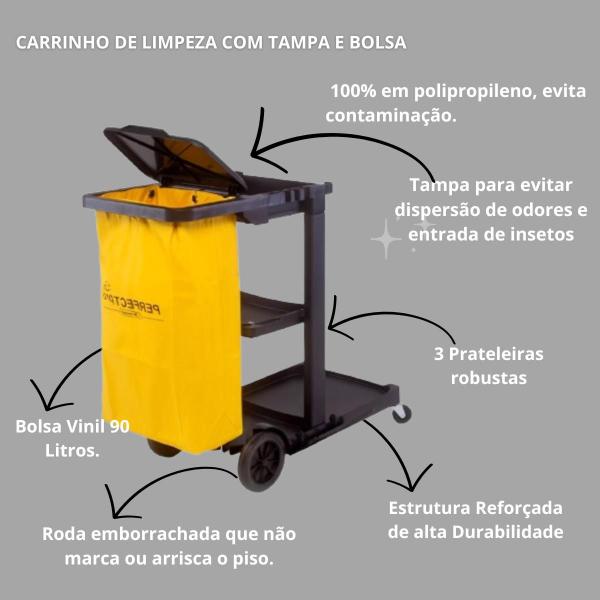 Imagem de Carro Funcional Cinza Preto Para Limpeza Super Resistente Com Saco Coletor De Resíduos