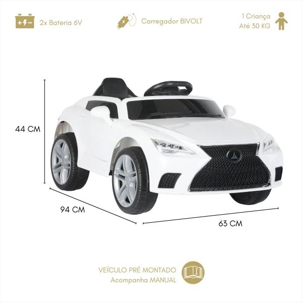 Imagem de Carro Infantil Elétrico Branco 12v Medidor Bateria Mp3 Rádio