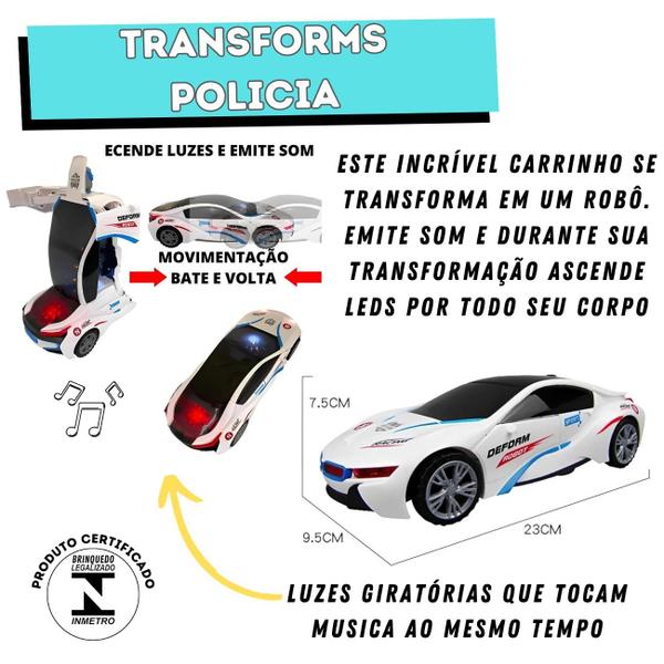 Imagem de Carro Robô Transformes Policia com Luzes Coloridas Led e Som -Eletrônico Bate e Volta Brinquedo Divertido