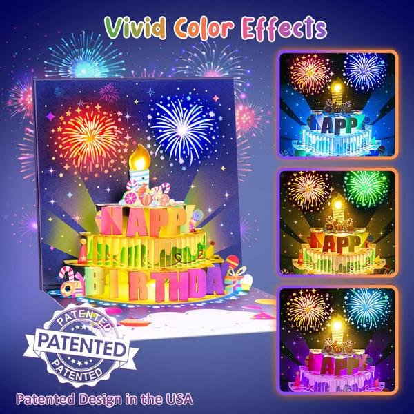 Imagem de Cartão de aniversário INFHER Fireworks Pop Up Cake com luz e música