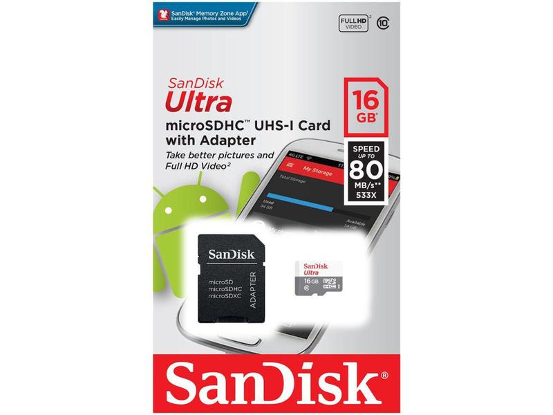 Imagem de Cartão de Memória 16GB Micro SD SanDisk Classe 10 - Ultra