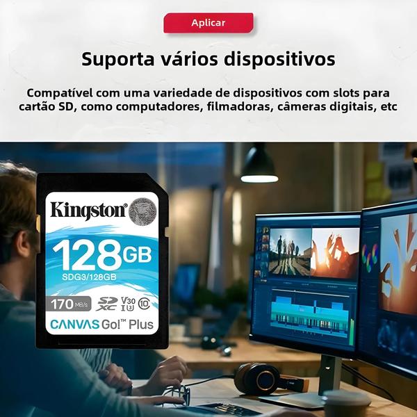 Imagem de Cartão de Memória Kingston SD V30 U3 C10 - 64GB, 128GB ou 256GB - Até 170MB/s de Leitura