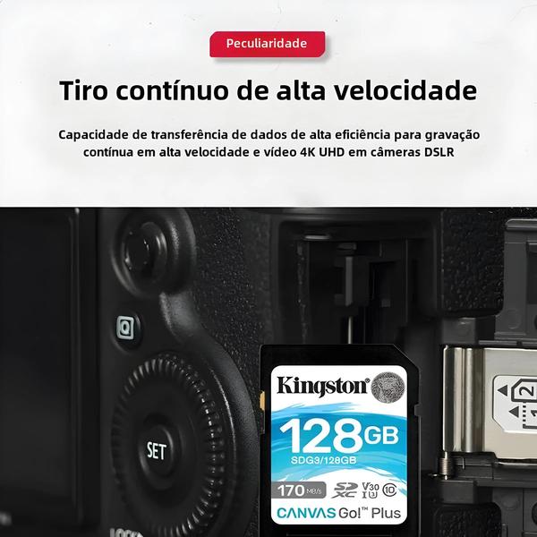 Imagem de Cartão de Memória Kingston SD V30 U3 C10 - 64GB, 128GB ou 256GB - Até 170MB/s de Leitura