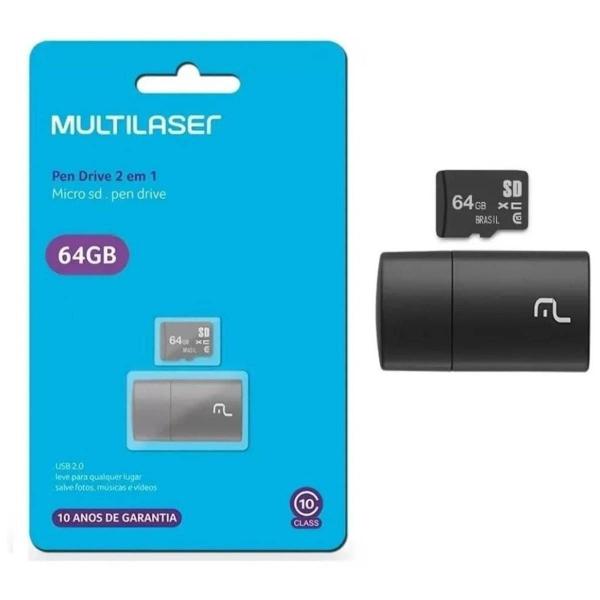 Imagem de Cartão De Memória Microsd 64gb Multilaser + Pen Drive Usb 2 Em 1 Leitor De Cartão