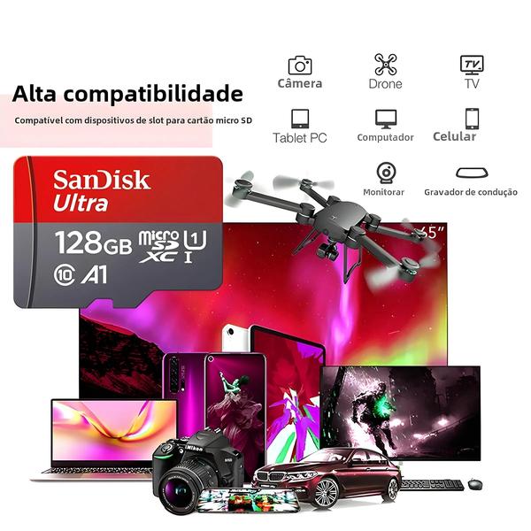 Imagem de Cartão de Memória Sandisk microSDXC (256GB, 128GB, 64GB, 32GB) - Classe 10, UHS-I