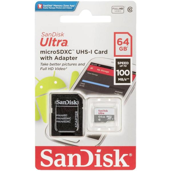 Imagem de Cartao de Memoria Sandisk Ultra SDSQUNR-64G-GN3MA - 64GB - Micro SD com Adaptador - 100MB/s