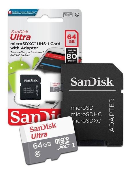 Imagem de Cartão Micro Sd Sandisk Ultra 64Gb 80Mb/S Com Adaptador Sd