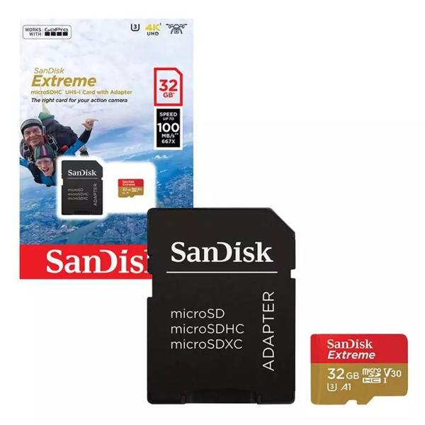 Imagem de Cartão SanDisk Micro SD 32GB Extreme Classe 10 Vel. até 100MB/s a Prova de Água p/ Câmera de ação 4K e Full HD