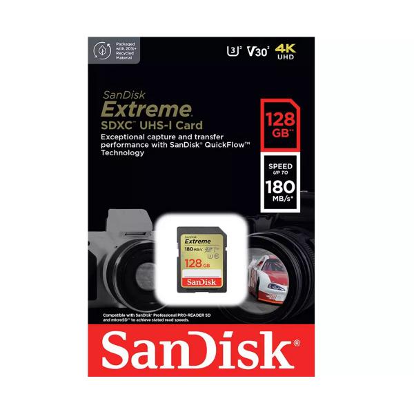 Imagem de Cartão SD Sandisk Extreme 128GB 180 MB/s SDHC UHS-I 4K Original