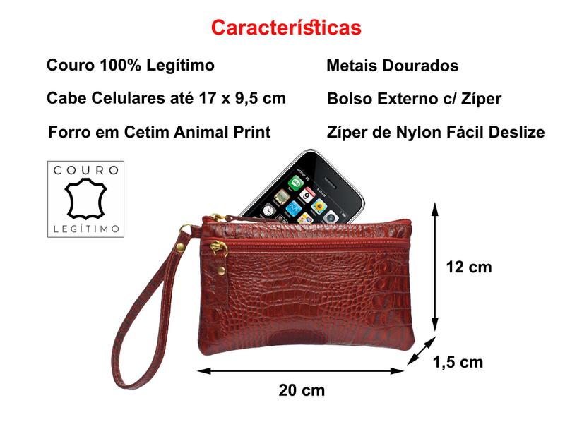 Imagem de Carteira Clutch Feminina Porta Celular Couro Legitimo Madamix