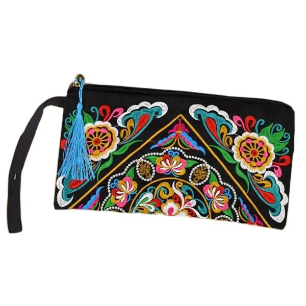 Imagem de Carteira Quadrada Étnica com Bordado Floral e Pulseira - Bolsa de Noite para Celular e Itens