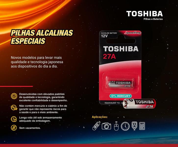 Imagem de Cartela c/ 1 pilha Alcalina 27A 12V da TOSHIBA, modelo 27A BP-1C