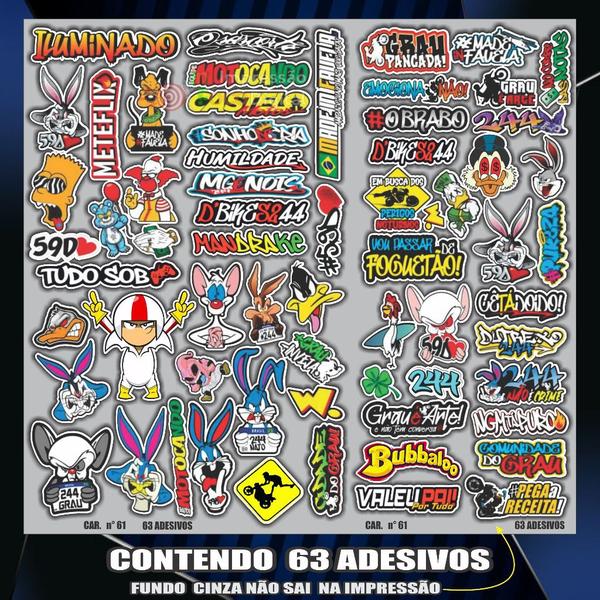 cartela N 61 com 63 Adesivos Super Cartela Para Bike Capacete Moto Carro - INFOCO Imagem de cartela N 61 com 63 Adesivos Super Cartela Para Bike Capacete Moto Carro